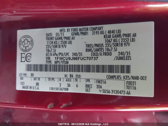 Продаж на аукціоні авто 2015 Ford Escape Titanium, vin: 1FMCU9J96FUC70737, номер лоту: 12677516