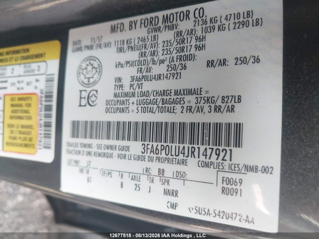 2018 Ford Fusion Hybrid Hybrid მანქანა იყიდება აუქციონზე, vin: 3FA6P0LU4JR147921, აუქციონის ნომერი: 12677518