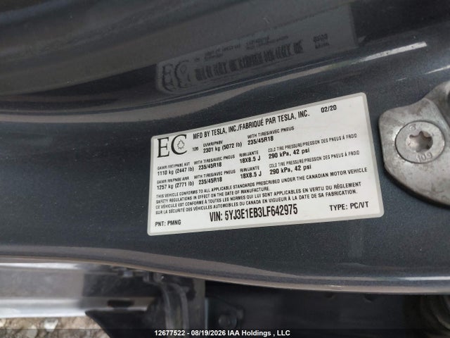Tesla Model 3 Long Range 2020 5YJ3E1EB3LF642975 Image 9