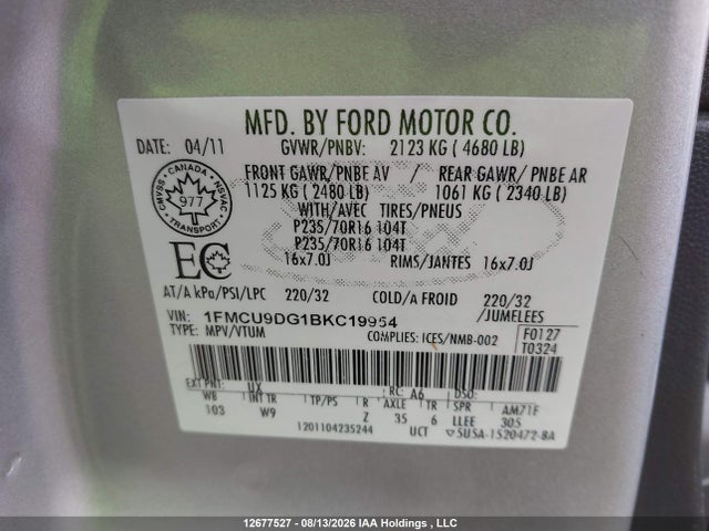 12677527 :رقم المزاد ، 1FMCU9DG1BKC19954 vin ، 2011 Ford Escape Xlt مزاد بيع