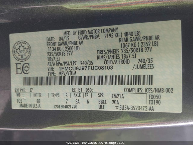Ford Escape Titanium 2015 1FMCU9J97FUC08103 Image 9