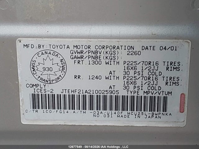 Aukcja sprzedaży 2001 Toyota Highlander, vin: JTEHF21A210025905, numer aukcji: 12677549