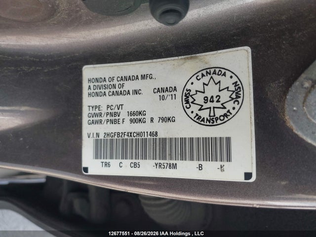 Aukcja sprzedaży 2012 Honda Civic Lx, vin: 2HGFB2F4XCH011468, numer aukcji: 12677551
