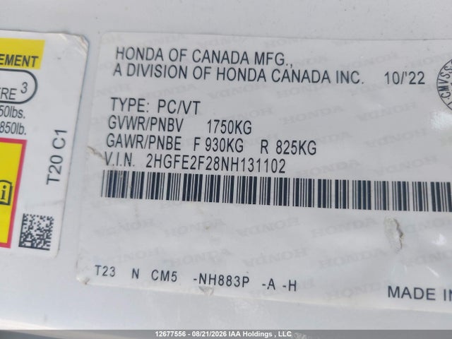 2022 Honda Civic Lx მანქანა იყიდება აუქციონზე, vin: 2HGFE2F28NH131102, აუქციონის ნომერი: 12677556