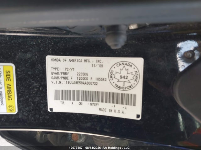 12677557 :رقم المزاد ، 19UUA9E59AA800722 vin ، 2010 Acura Tl مزاد بيع