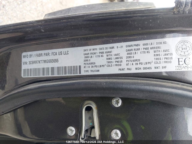 12677558 :رقم المزاد ، 3C6RR7KT7MG693655 vin ، 2021 Ram 1500 Classic Tradesman مزاد بيع