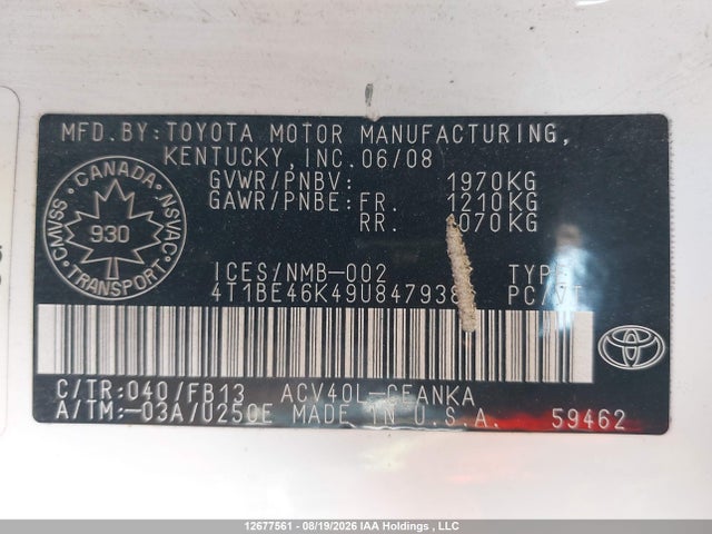12677561 :رقم المزاد ، 4T1BE46K49U847938 vin ، 2009 Toyota Camry Se/le/xle مزاد بيع