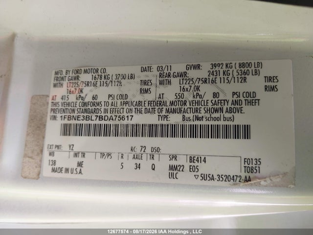 12677574 :رقم المزاد ، 1FBNE3BL7BDA75617 vin ، 2011 Ford Econoline E350 Super Duty Wagon مزاد بيع