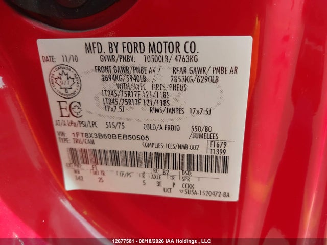 2011 Ford F350 Super Duty მანქანა იყიდება აუქციონზე, vin: 1FT8X3B60BEB50505, აუქციონის ნომერი: 12677581