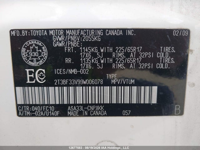 2009 Toyota Rav4 მანქანა იყიდება აუქციონზე, vin: 2T3BF33V99W006078, აუქციონის ნომერი: 12677583