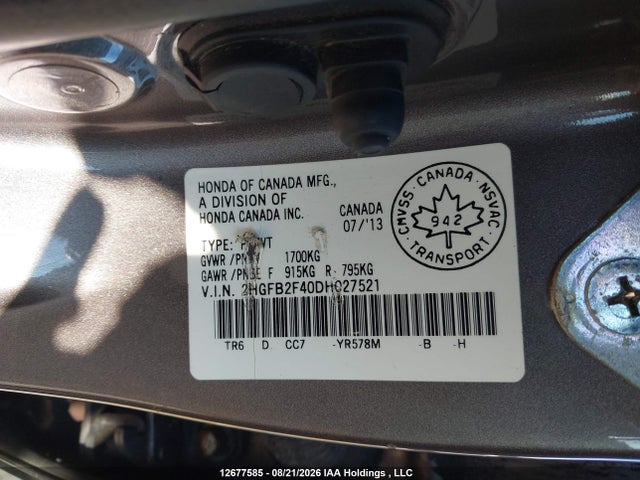 12677585 :رقم المزاد ، 2HGFB2F40DH027521 vin ، 2013 Honda Civic Lx مزاد بيع