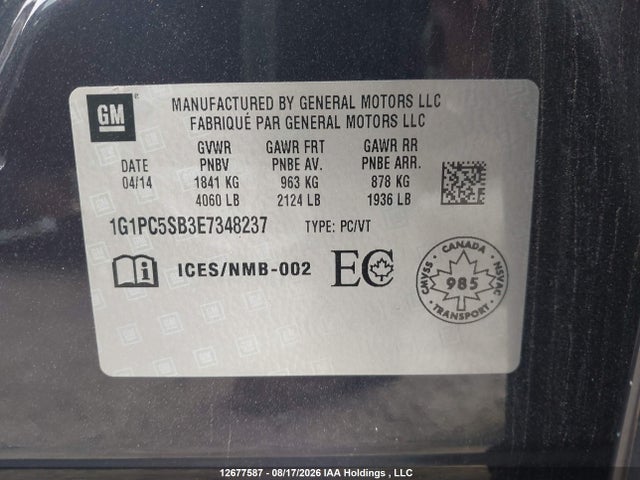 12677587 :رقم المزاد ، 1G1PC5SB3E7348237 vin ، 2014 Chevrolet Cruze مزاد بيع