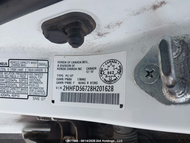 12677588 :رقم المزاد ، 2HHFD56728H201628 vin ، 2008 Acura Csx Technology Package مزاد بيع