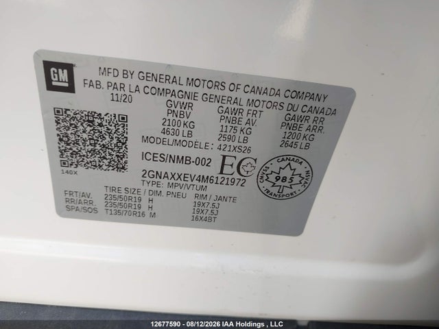 Aukcja sprzedaży 2021 Chevrolet Equinox Premier, vin: 2GNAXXEV4M6121972, numer aukcji: 12677590