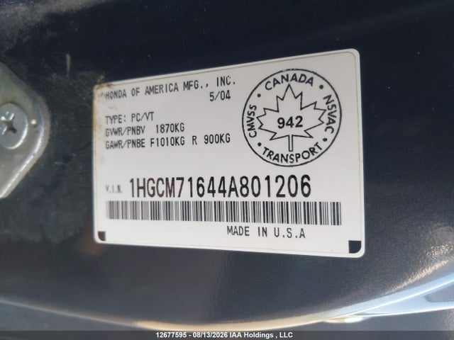 12677595 :رقم المزاد ، 1HGCM71644A801206 vin ، 2004 Honda Accord Ex مزاد بيع