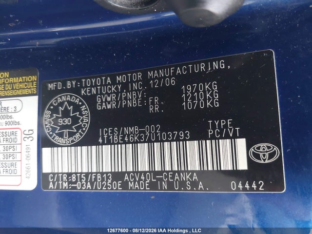 2007 Toyota Camry Le/se მანქანა იყიდება აუქციონზე, vin: 4T1BE46K37U103793, აუქციონის ნომერი: 12677600
