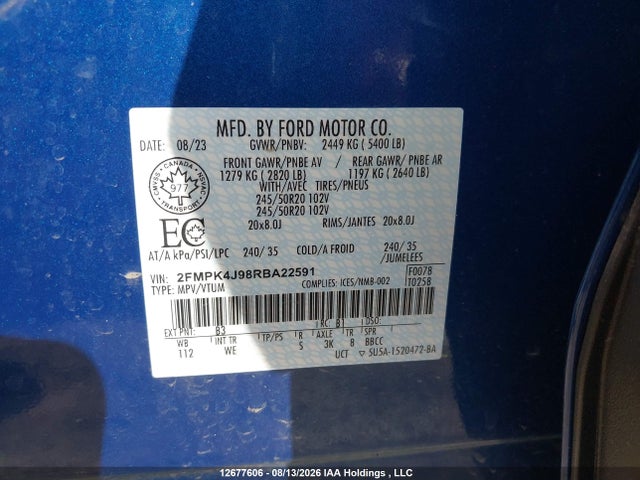 12677606 :رقم المزاد ، 2FMPK4J98RBA22591 vin ، 2024 Ford Edge St Line مزاد بيع