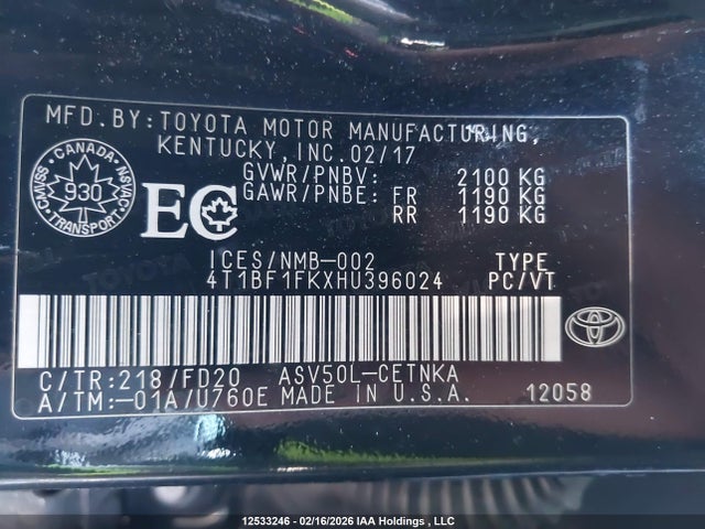 Продаж на аукціоні авто 2017 Toyota Camry Le, vin: 4T1BF1FKXHU396024, номер лоту: 12533246