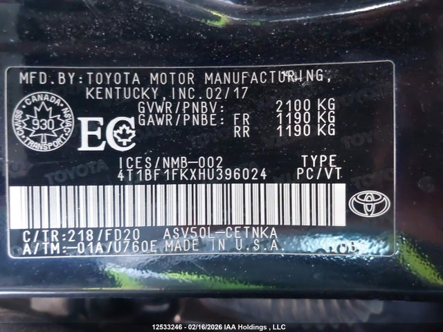 Продаж на аукціоні авто 2017 Toyota Camry Le, vin: 4T1BF1FKXHU396024, номер лоту: 12533246