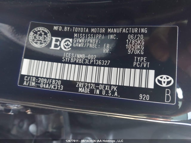 2020 Toyota Corolla Le მანქანა იყიდება აუქციონზე, vin: 5YFBPRBE3LP136327, აუქციონის ნომერი: 12677611