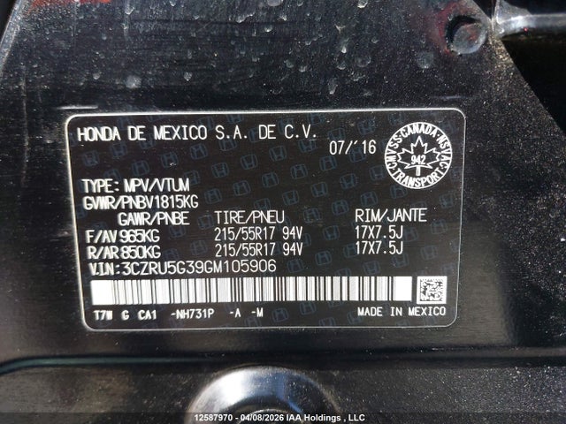 Продажа на аукционе авто 2016 Honda Hr-v Lx, vin: 3CZRU5G39GM105906, номер лота: 12587970