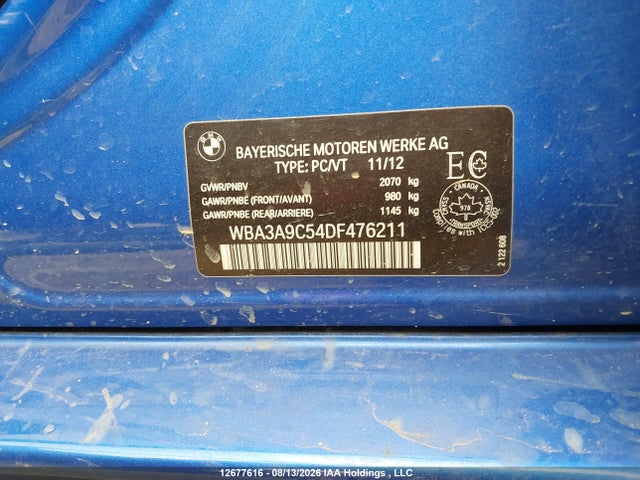 12677616 :رقم المزاد ، WBA3A9C54DF476211 vin ، 2013 Bmw 335i مزاد بيع