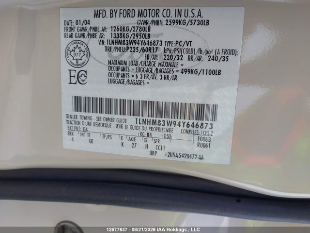 Продаж на аукціоні авто 2004 Lincoln Town Car Ultimate, vin: 1LNHM83W94Y646873, номер лоту: 12677637