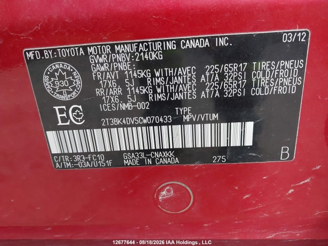 2012 Toyota Rav4 Base V6 მანქანა იყიდება აუქციონზე, vin: 2T3BK4DV5CW070433, აუქციონის ნომერი: 12677644