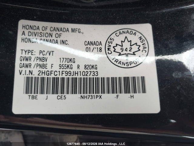 Honda Civic Touring 2018 2HGFC1F99JH102733 Image 9