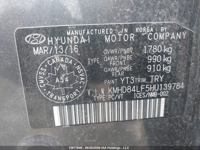 KMHD84LF5HU139784 Hyundai ELANTRA GL