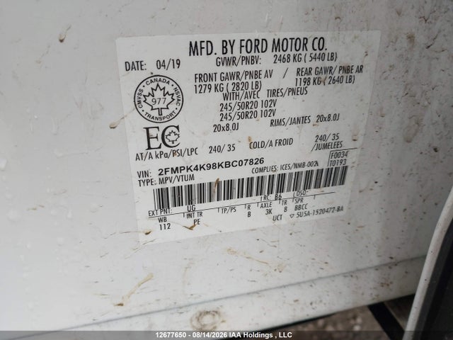 Auction sale of the 2019 Ford Edge Titanium, vin: 2FMPK4K98KBC07826, lot number: 12677650