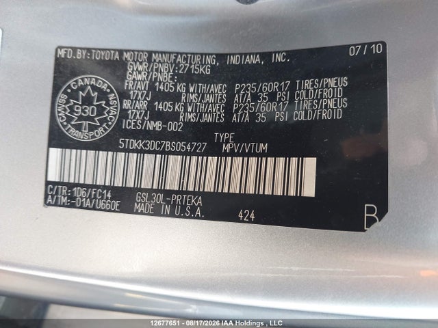 2011 Toyota Sienna Le მანქანა იყიდება აუქციონზე, vin: 5TDKK3DC7BS054727, აუქციონის ნომერი: 12677651