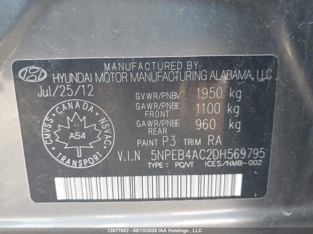 Продажа на аукционе авто 2013 Hyundai Sonata Gls, vin: 5NPEB4AC2DH569795, номер лота: 12677652