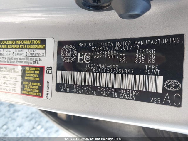 Продаж на аукціоні авто 2013 Toyota Corolla S/le, vin: 2T1BU4EEXDC064843, номер лоту: 12677674