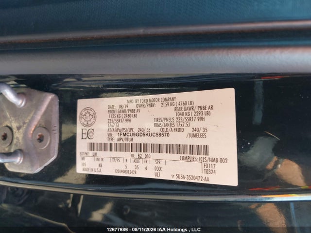 Продаж на аукціоні авто 2019 Ford Escape Se, vin: 1FMCU9GD5KUC58570, номер лоту: 12677686