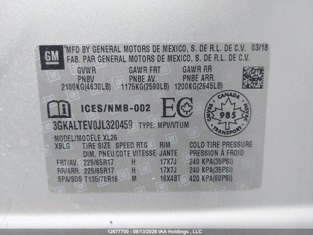 2018 Gmc Terrain Sle მანქანა იყიდება აუქციონზე, vin: 3GKALTEV0JL320459, აუქციონის ნომერი: 12677700