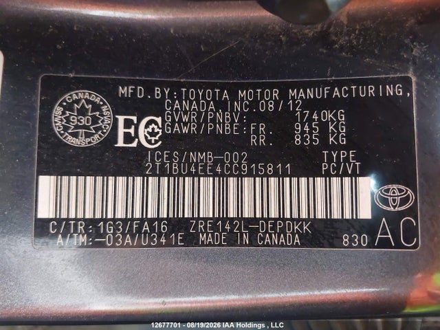 Продаж на аукціоні авто 2012 Toyota Corolla Ce, vin: 2T1BU4EE4CC915811, номер лоту: 12677701