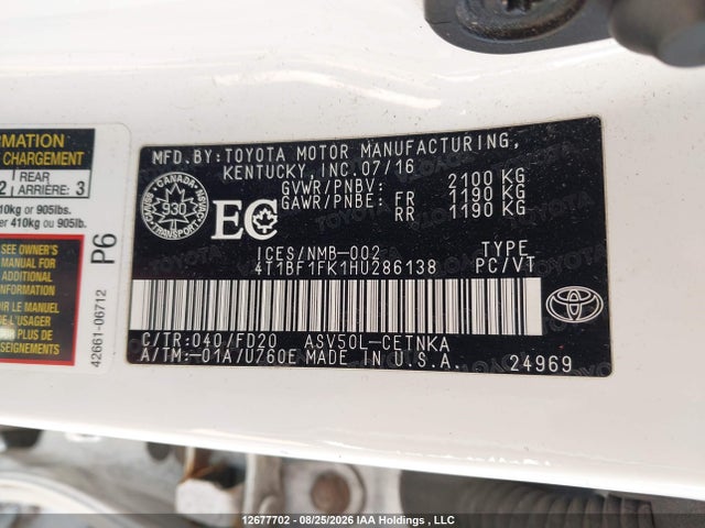 12677702 :رقم المزاد ، 4T1BF1FK1HU286138 vin ، 2017 Toyota Camry Le/xle/se/xse مزاد بيع