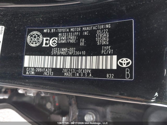 Продаж на аукціоні авто 2022 Toyota Corolla Le/xle, vin: 5YFBPMBE7NP336410, номер лоту: 12677705