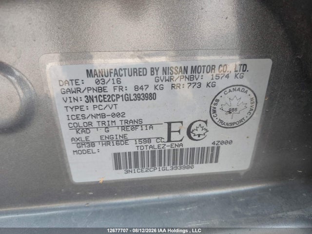 3N1CE2CP1GL393980 Nissan Versa Note S/s Plus/sv/sl/sr