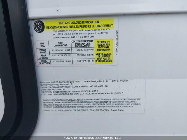 Продаж на аукціоні авто 2022 Grand Design Travel Trailer, vin: 573TT3625NDD02779, номер лоту: 12677712