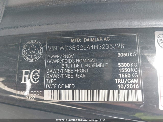 12677718 :رقم المزاد ، WD3BG2EA4H3235328 vin ، 2017 Mercedes-benz Metris مزاد بيع