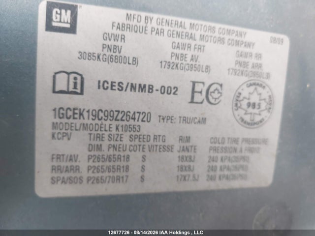 2009 Chevrolet Silverado K1500 მანქანა იყიდება აუქციონზე, vin: 1GCEK19C99Z264720, აუქციონის ნომერი: 12677726