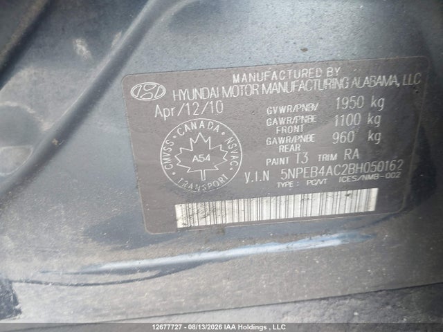 2011 Hyundai Sonata მანქანა იყიდება აუქციონზე, vin: 5NPEB4AC2BH050162, აუქციონის ნომერი: 12677727