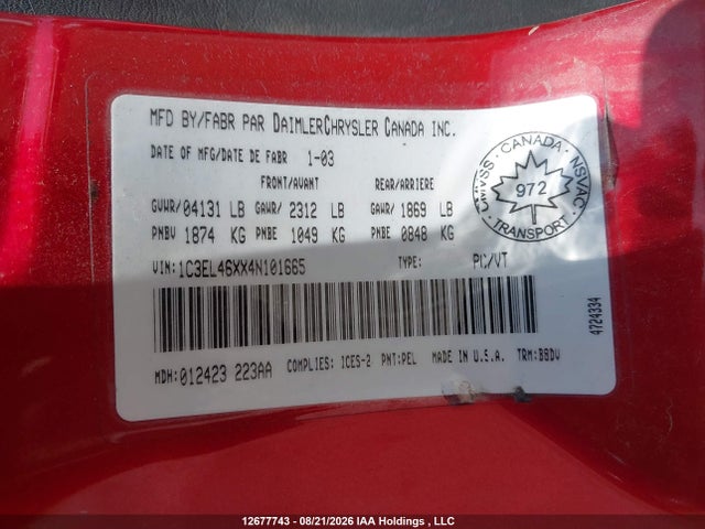 Aukcja sprzedaży 2004 Chrysler Sebring Lx, vin: 1C3EL46XX4N101665, numer aukcji: 12677743