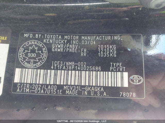 2004 Toyota Solara მანქანა იყიდება აუქციონზე, vin: 4T1FA38P14U025686, აუქციონის ნომერი: 12677746