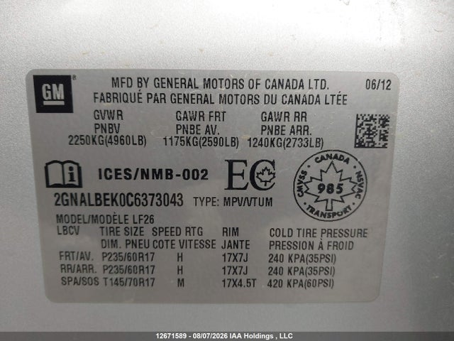 Продажа на аукционе авто 2012 Chevrolet Equinox Ls, vin: 2GNALBEK0C6373043, номер лота: 12671589