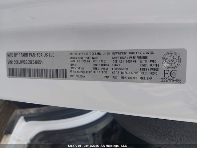 12677760 :رقم المزاد ، 3C6LRVCG0SE540751 vin ، 2025 Ram Promaster 2500 2500 High مزاد بيع