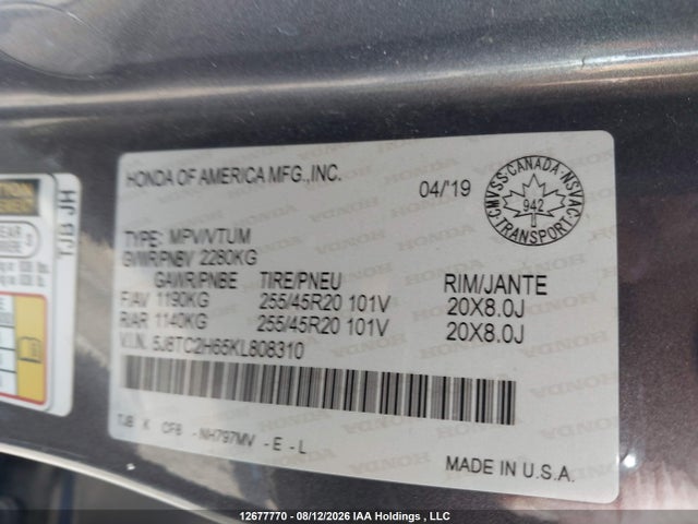 12677770 :رقم المزاد ، 5J8TC2H65KL808310 vin ، 2019 Acura Rdx A-spec مزاد بيع