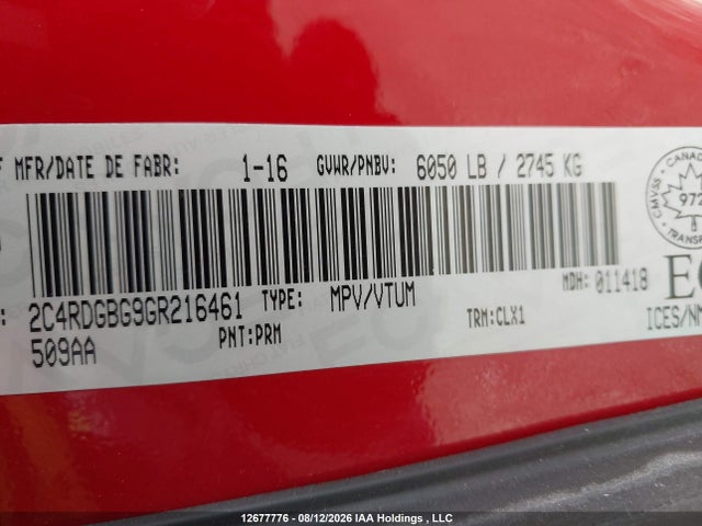 12677776 :رقم المزاد ، 2C4RDGBG9GR216461 vin ، 2016 Dodge Grand Caravan Se مزاد بيع